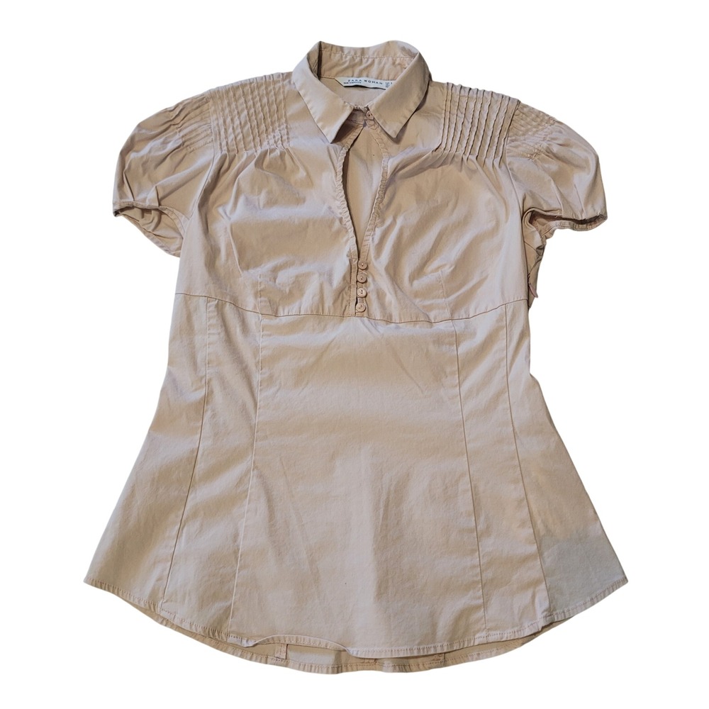 Zara Woman Women S Blouse Tan Pintuck Puff Sleeve V-Neck Side Zip Tailored Top - Picture 1 of 7